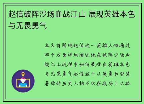 赵信破阵沙场血战江山 展现英雄本色与无畏勇气