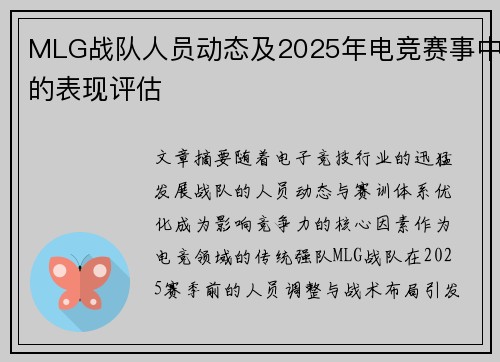 MLG战队人员动态及2025年电竞赛事中的表现评估